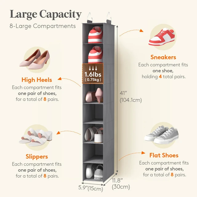 Alt view image 2 of 7 - ViewSonic 8 Section Hanging Shoe Storage Organizer for Closet Foldable, Gray | Folding Shoe Racks, Fabric Shoes Storage with Two Hangers, Closet Organizers and Storage for Wardrode, Dorm