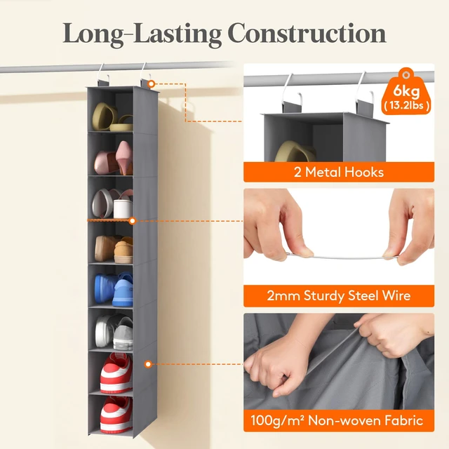 Alt view image 3 of 7 - ViewSonic 8 Section Hanging Shoe Storage Organizer for Closet Foldable, Gray | Folding Shoe Racks, Fabric Shoes Storage with Two Hangers, Closet Organizers and Storage for Wardrode, Dorm
