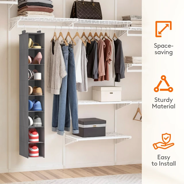 Alt view image 4 of 7 - ViewSonic 8 Section Hanging Shoe Storage Organizer for Closet Foldable, Gray | Folding Shoe Racks, Fabric Shoes Storage with Two Hangers, Closet Organizers and Storage for Wardrode, Dorm