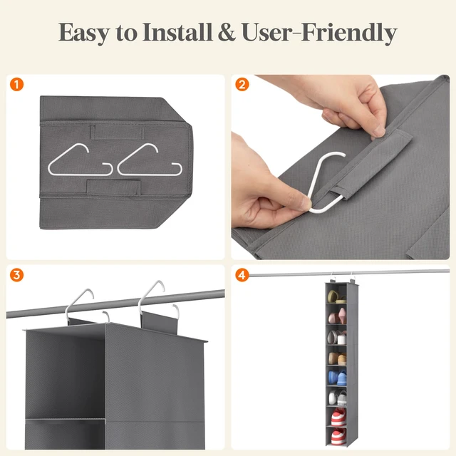 Alt view image 5 of 7 - ViewSonic 8 Section Hanging Shoe Storage Organizer for Closet Foldable, Gray | Folding Shoe Racks, Fabric Shoes Storage with Two Hangers, Closet Organizers and Storage for Wardrode, Dorm