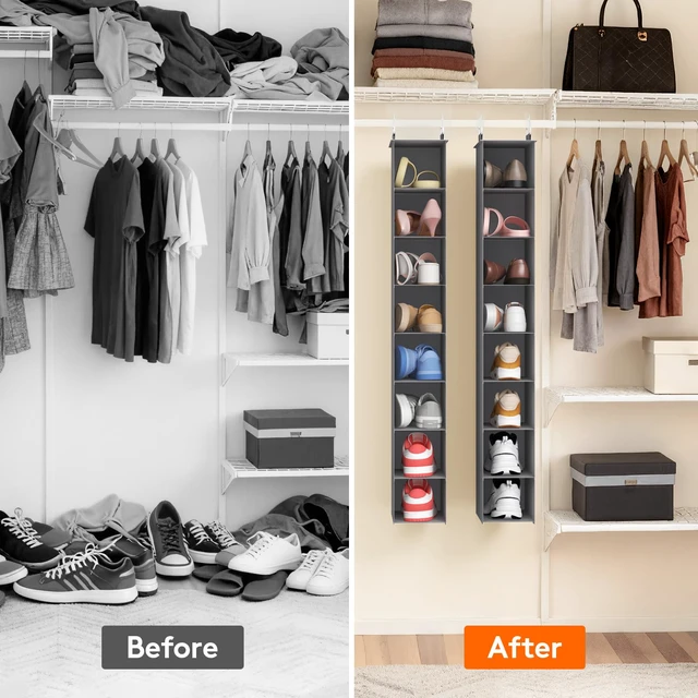 Alt view image 7 of 7 - ViewSonic 8 Section Hanging Shoe Storage Organizer for Closet Foldable, Gray | Folding Shoe Racks, Fabric Shoes Storage with Two Hangers, Closet Organizers and Storage for Wardrode, Dorm