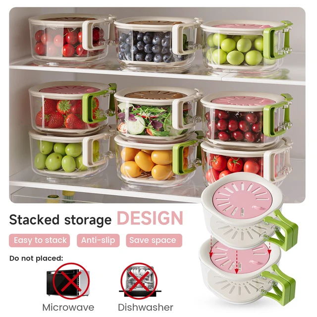 Alt view image 6 of 7 - Colander Strainer Fridge Organizer Storage Container with Switchable Lid, Fruit Veggie Wash Basket and Draining Bowl, Single Vegetable Keeper Bin for Refrigerator