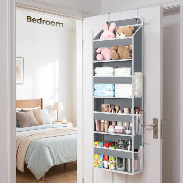 Alt view image 7 of 7 - ViewSonic Over the Door Organizer, Large Capacity Behind the Door Storage with Clear PVC Windows, Back to School Supplies, Stuffed Animal Storage for Dorm Closet Nursery Bathroom Pantry, 4 Tier Grey