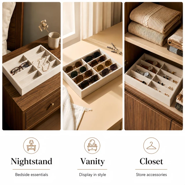 Alt view image 7 of 7 - ViewSonic Sunglass Organizer Tray, 8 Slot Velvet Glasses Holder for Eyeglasses, Sunglasses, Jewelry & Watch Display, Men's/Women's Drawer Dresser Vanity Nightstand Storage, Beige