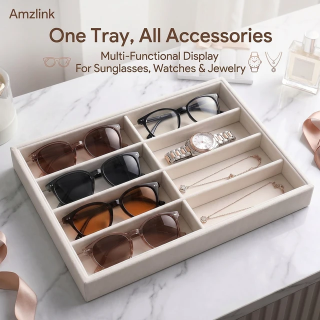 Alt view image 6 of 7 - ViewSonic Sunglass Organizer Tray, 8 Slot Velvet Glasses Holder for Eyeglasses, Sunglasses, Jewelry & Watch Display, Men's/Women's Drawer Dresser Vanity Nightstand Storage, Beige