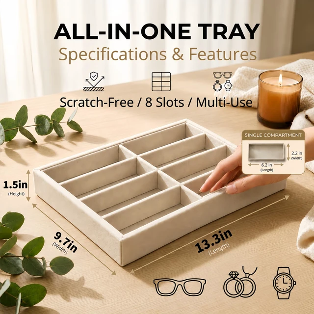 Alt view image 2 of 7 - ViewSonic Sunglass Organizer Tray, 8 Slot Velvet Glasses Holder for Eyeglasses, Sunglasses, Jewelry & Watch Display, Men's/Women's Drawer Dresser Vanity Nightstand Storage, Beige