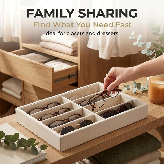 Alt view image 5 of 7 - ViewSonic Sunglass Organizer Tray, 8 Slot Velvet Glasses Holder for Eyeglasses, Sunglasses, Jewelry & Watch Display, Men's/Women's Drawer Dresser Vanity Nightstand Storage, Beige