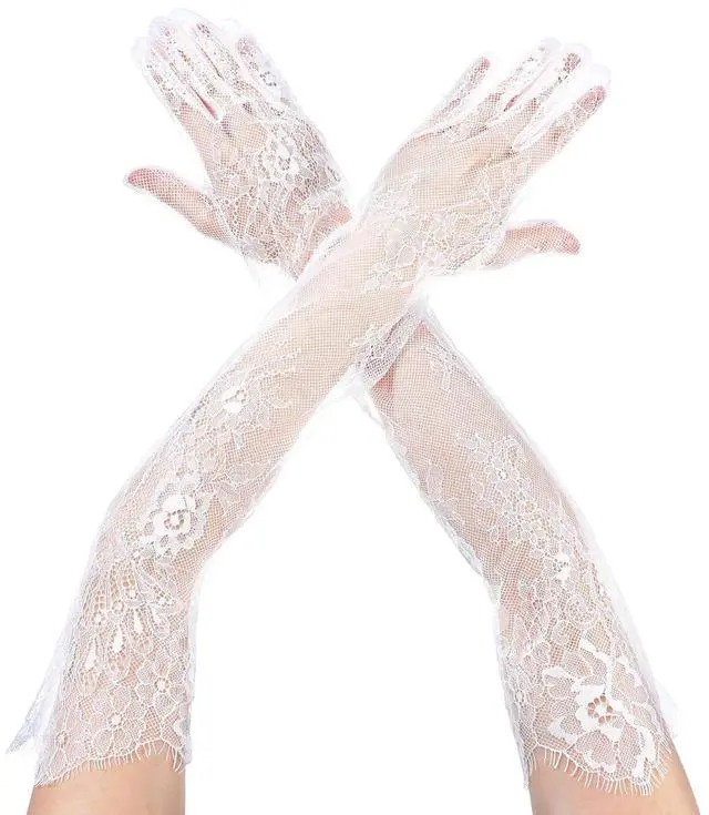 Main image of Women's Long Lace Floral Gloves, Bridal Wedding Gloves Sheer Mesh Tulle Elbow Length Opera Party Costume Glove Elegant Satin Stretchy Glove for Wedding Tea Party Cosplay Formal Event