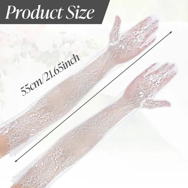 Alt view image 2 of 7 - Women's Long Lace Floral Gloves, Bridal Wedding Gloves Sheer Mesh Tulle Elbow Length Opera Party Costume Glove Elegant Satin Stretchy Glove for Wedding Tea Party Cosplay Formal Event