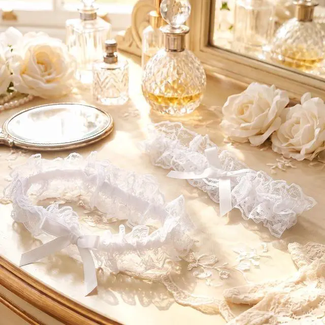 Alt view image 4 of 7 - 2PCS White Lace Wedding Garter for Bride | Adjustable Thigh Garter with Bow, 12.20-19.69 Inch Elegant Leg Belt, Bridal Party Dress Decor