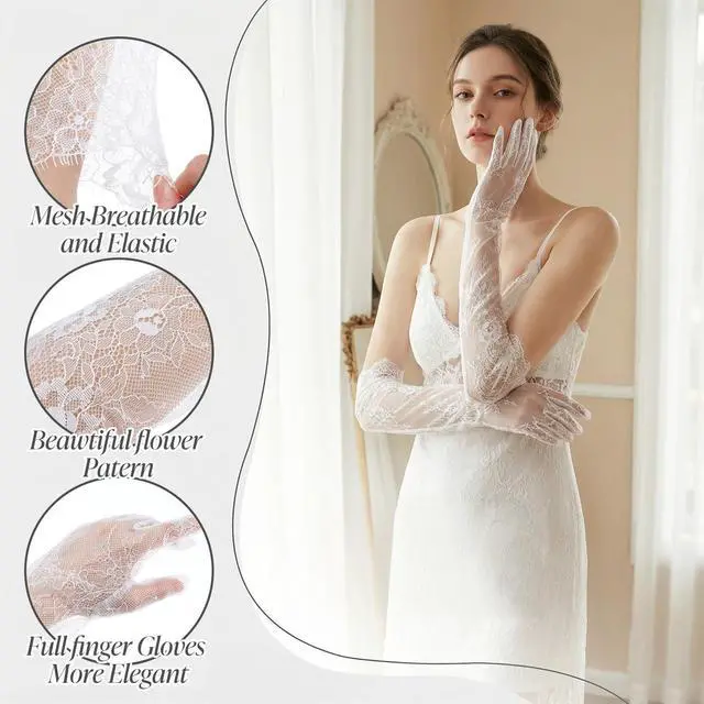 Alt view image 3 of 7 - Women's Long Lace Floral Gloves, Bridal Wedding Gloves Sheer Mesh Tulle Elbow Length Opera Party Costume Glove Elegant Satin Stretchy Glove for Wedding Tea Party Cosplay Formal Event