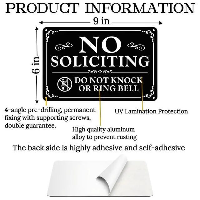 Alt view image 2 of 6 - No Soliciting Sign for Front Door 9×6 Inches, Self-Adhesive Aluminum Sign | No Soliciting Sign For Home, Weatherproof, Rustproof And Fade Resistant, Design Suitable For House, Yard And Business Use
