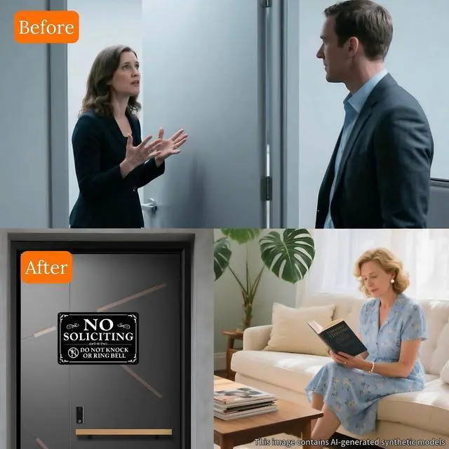 Alt view image 5 of 6 - No Soliciting Sign for Front Door 9×6 Inches, Self-Adhesive Aluminum Sign | No Soliciting Sign For Home, Weatherproof, Rustproof And Fade Resistant, Design Suitable For House, Yard And Business Use