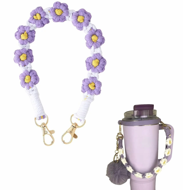 Main image of Double-Ended Woven Lanyard with Purple Daisy Design for Water Bottle & Purse, Adjustable Keychain for Office ID, Phone, Yoga, Hiking - Purple