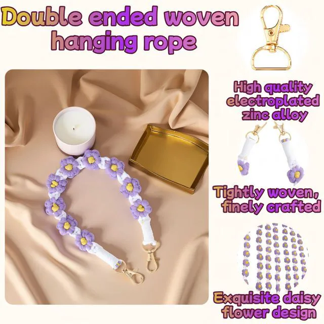 Alt view image 2 of 7 - Double-Ended Woven Lanyard with Purple Daisy Design for Water Bottle & Purse, Adjustable Keychain for Office ID, Phone, Yoga, Hiking - Purple