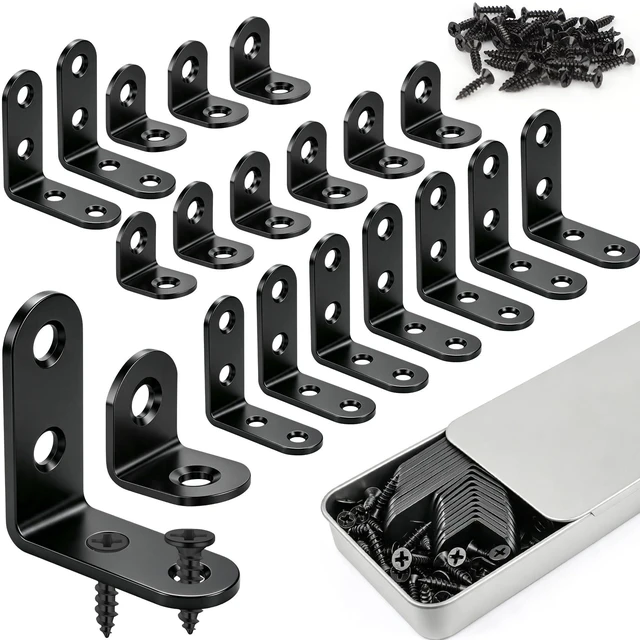 Main image of 20PCS L Bracket Corner Brace, 2 Sizes Black Stainless Steel Corner Brackets | 90 Degree Right Angle Bracket, Metal L Brackets for Wood Shelves, Furniture Cabinet Drawer Chair, with Storage Tin, 60 Scr