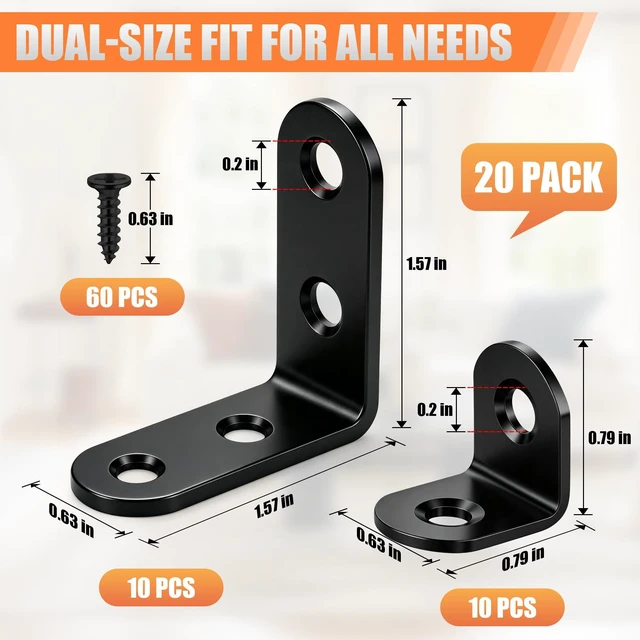 Alt view image 2 of 7 - 20PCS L Bracket Corner Brace, 2 Sizes Black Stainless Steel Corner Brackets | 90 Degree Right Angle Bracket, Metal L Brackets for Wood Shelves, Furniture Cabinet Drawer Chair, with Storage Tin, 60 Scr