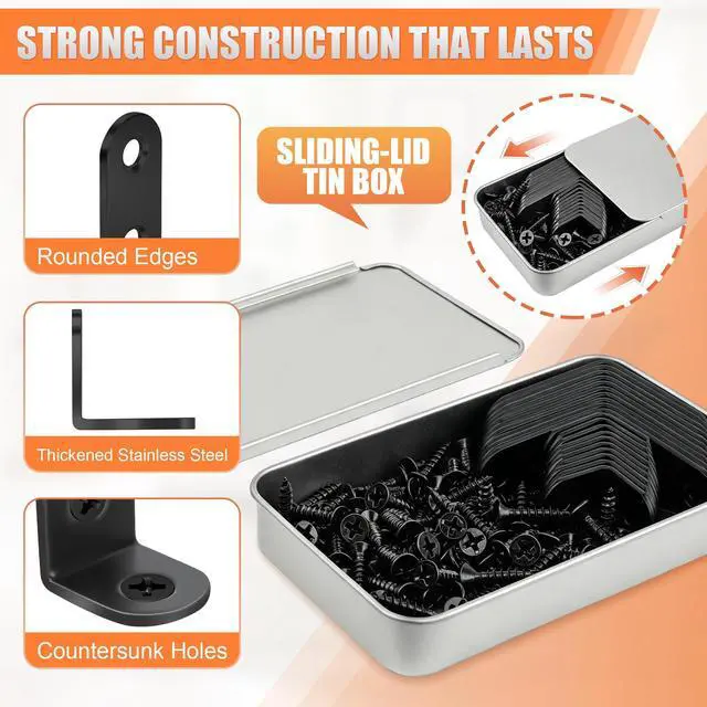 Alt view image 3 of 7 - 20PCS L Bracket Corner Brace, 2 Sizes Black Stainless Steel Corner Brackets | 90 Degree Right Angle Bracket, Metal L Brackets for Wood Shelves, Furniture Cabinet Drawer Chair, with Storage Tin, 60 Scr