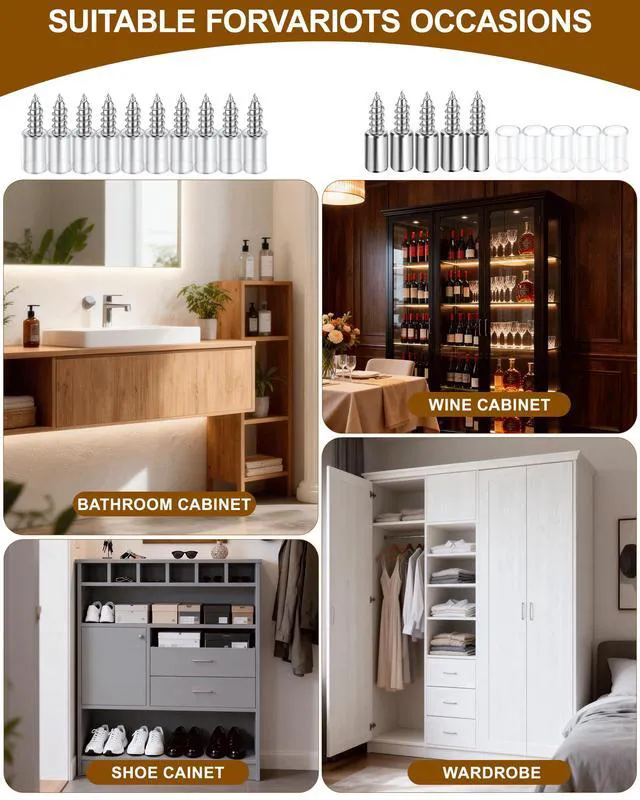 Alt view image 5 of 7 - 50 Pack Cabinet Shelf Support Pegs - Heavy Duty Cabinet Shelf Pins with Non-Slip Sleeves, Integrated Shelf Support Screws for Wood Furniture, Closet, Kitchen Cupboard, Wardrobe & Bookcase