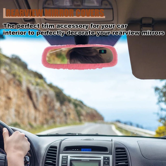 Alt view image 4 of 6 - Elastic Plush Auto Rear View Mirror Protector - Stretchy Comfortable Car Rearview Mirror Cover - Automotive Interior Rearview Mirror Decorations - Car Mirror Accessories Universal for Vehicles (Pink)