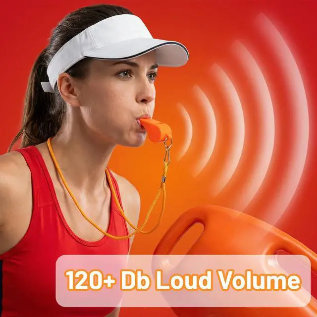 Alt view image 6 of 7 - Ezymivs 2 Packs Plastic Orange Whistle, Referee Whistles with Lanyard Super Loud Emergency Whistle for Boating, Swimming, Kayaking, Hiking, Camping