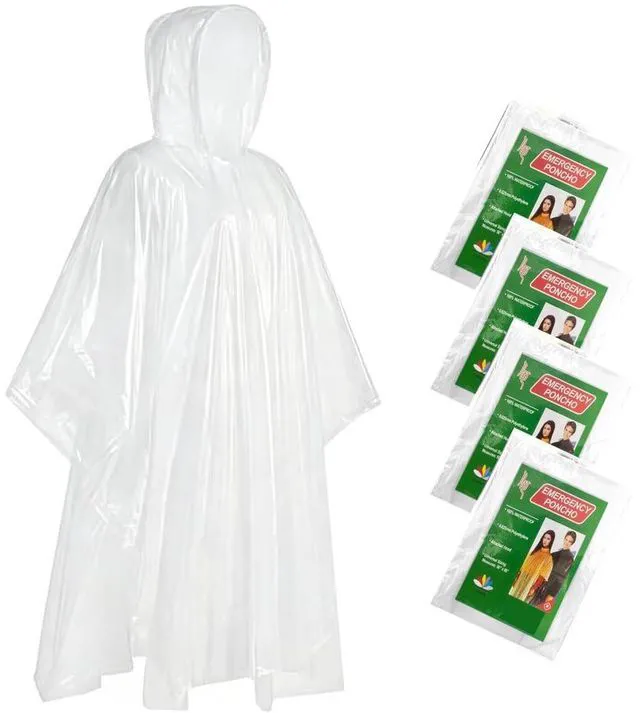 Main image of SaphiRose Disposable Rain Ponchos for Adults Clear, 4 Pack | Hooded Raincoat, Emergency Use, Travel & Camping, Family Pack, One Size Fits Most