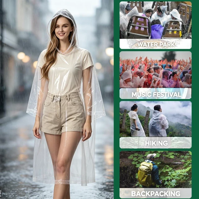 Alt view image 2 of 6 - SaphiRose Disposable Rain Ponchos for Adults Clear, 4 Pack | Hooded Raincoat, Emergency Use, Travel & Camping, Family Pack, One Size Fits Most