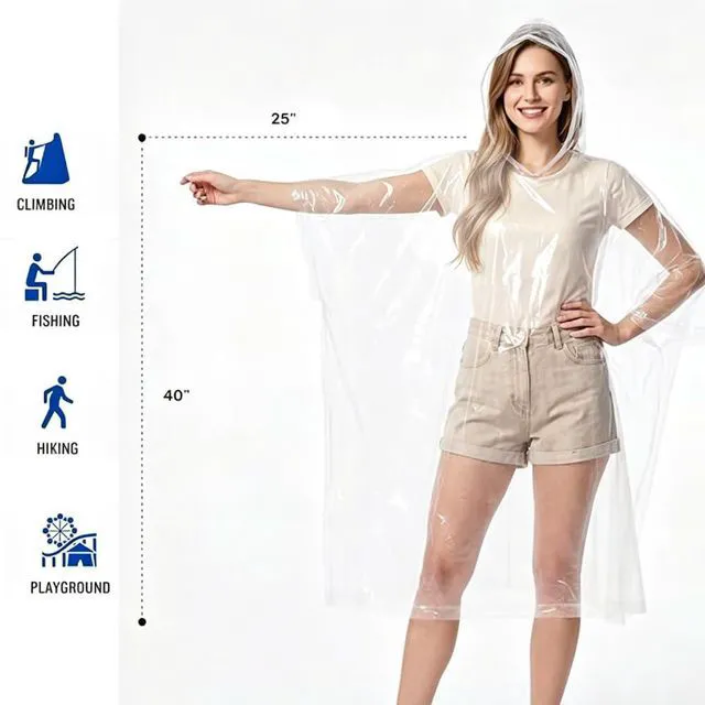 Alt view image 3 of 6 - SaphiRose Disposable Rain Ponchos for Adults Clear, 4 Pack | Hooded Raincoat, Emergency Use, Travel & Camping, Family Pack, One Size Fits Most
