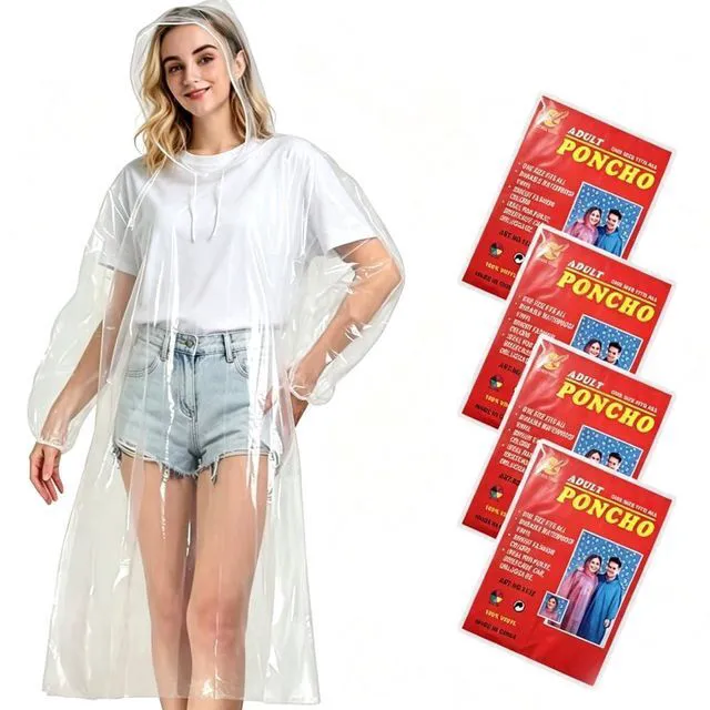 Main image of Disposable Clear Rain Ponchos for Adults with Hood | Emergency Raincoat, 152cm Length, Hiking & Camping,Unisex Design,4 pack (transparent color)
