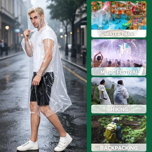 Alt view image 2 of 6 - Disposable Clear Rain Ponchos for Adults with Hood | Emergency Raincoat, 152cm Length, Hiking & Camping,Unisex Design,4 pack (transparent color)