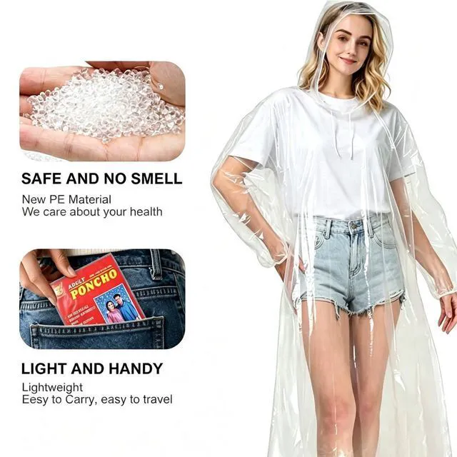 Alt view image 4 of 6 - Disposable Clear Rain Ponchos for Adults with Hood | Emergency Raincoat, 152cm Length, Hiking & Camping,Unisex Design,4 pack (transparent color)