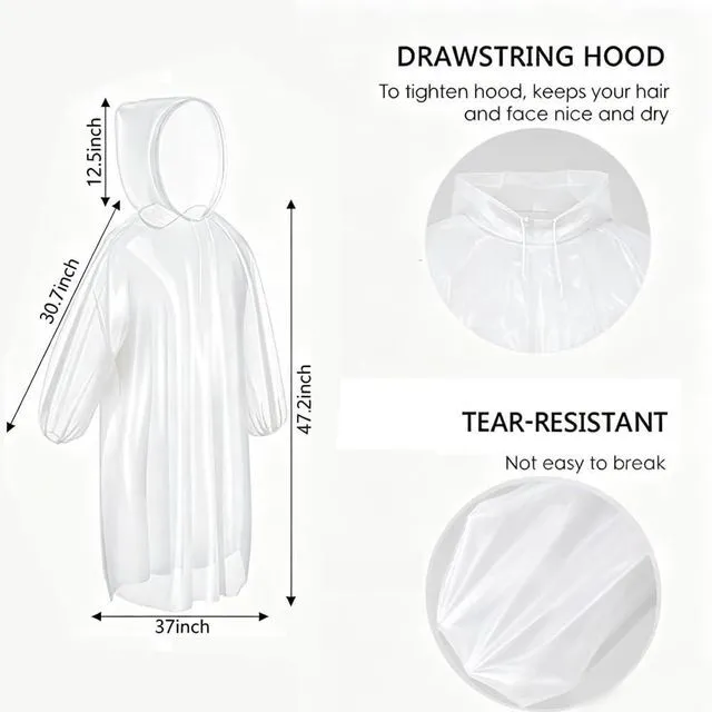 Alt view image 3 of 6 - Disposable Clear Rain Ponchos for Adults with Hood | Emergency Raincoat, 152cm Length, Hiking & Camping,Unisex Design,4 pack (transparent color)