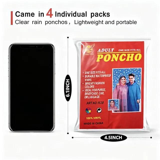 Alt view image 6 of 6 - Disposable Clear Rain Ponchos for Adults with Hood | Emergency Raincoat, 152cm Length, Hiking & Camping,Unisex Design,4 pack (transparent color)
