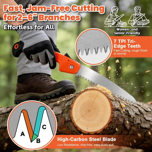 Alt view image 3 of 7 - Saw for Wood Cutting Foding Pruning Saw Branch Cutter for Tree 7 Inch | High Carbon 7 TPI Triple-Edged Teeth, Lockable Easy Carry Non-Slip Ergonomic Handle for Camping Gardening Work, Hiking