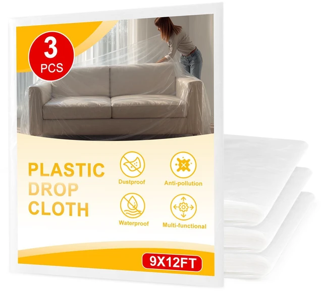 Main image of 3pcs 9X12FT Plastic Drop Cloths,Waterproof Anti-dust Cover, Disposable Tarp for Painting for Couch/Furniture Cover
