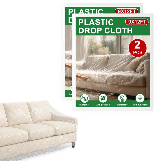 Main image of 2-Pack 9x12 ft Painter Plastic Drop Cloths Sheet,Waterproof Anti-dust Cover, Disposable Tarp for Painting for Couch/Furniture Cover