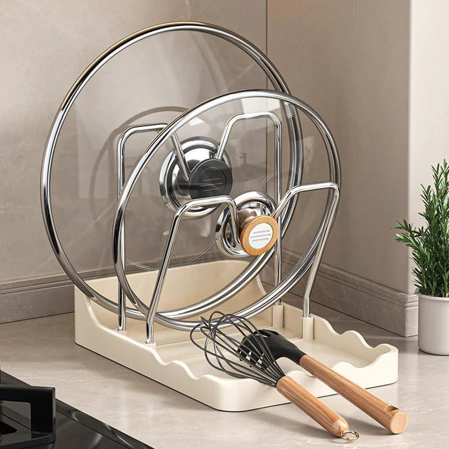 Alt view image 3 of 7 - LHJJJL Pot Lid Rack, Cutting Board & Utensil Holder White | Space-saving rust-proof steel storage holds lids, boards, spoons and chopsticks
