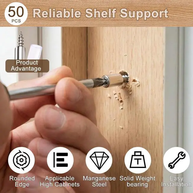 Alt view image 6 of 7 - 50 Pcs Cabinet Shelf Support Pegs, Self-Tapping Screws & Non-Slip Sleeves | Sturdy Laminate Fixed Support Pins, Perfect for Cabinets, Bookcases, Wardrobes and Furniture Shelves