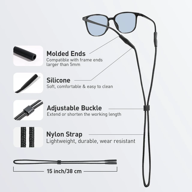 Alt view image 2 of 6 - ISIMEE 2-Pack Adjustable Eyeglass Holder Strap, Fits 5-12mm Temple Arms | Lightweight Nylon & Soft Silicone, Adjustable Length, Great for Cycling, Hiking, Skiing & Outdoor Activities