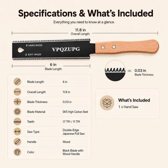 Alt view image 2 of 7 - Japanese Hand Saw, 6-Inch Ryoba Pull Saw, 17/11 TPI SK5 Blade, Black | Flexible SK5 double-edge blade for flush cuts, hardwood, softwood, joinery, trimming and detailed woodworking.