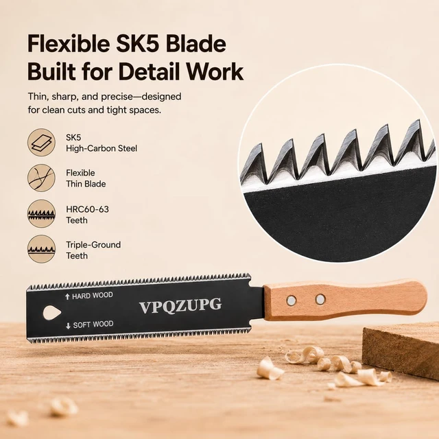 Alt view image 4 of 7 - Japanese Hand Saw, 6-Inch Ryoba Pull Saw, 17/11 TPI SK5 Blade, Black | Flexible SK5 double-edge blade for flush cuts, hardwood, softwood, joinery, trimming and detailed woodworking.