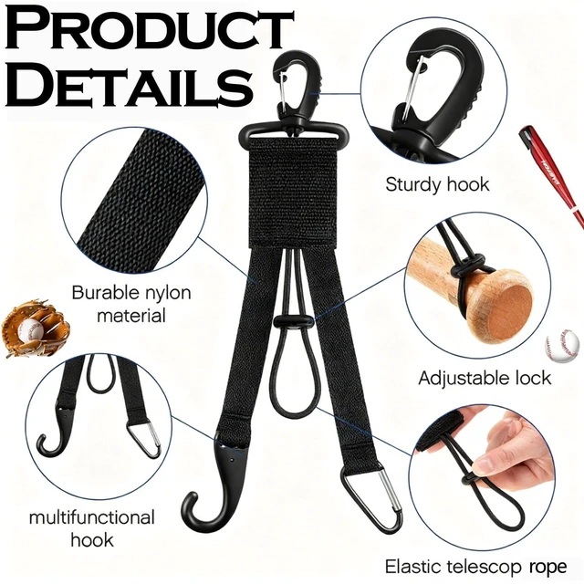 Alt view image 3 of 7 - GOTOriri Baseball Gear Organizer, Nylon Bat Holder with Glove Clip and Helmet Hook, 11x2.8 Inch, Adjustable Lock, Modern Hook Mount Design for Outdoor Sports Equipment Storage