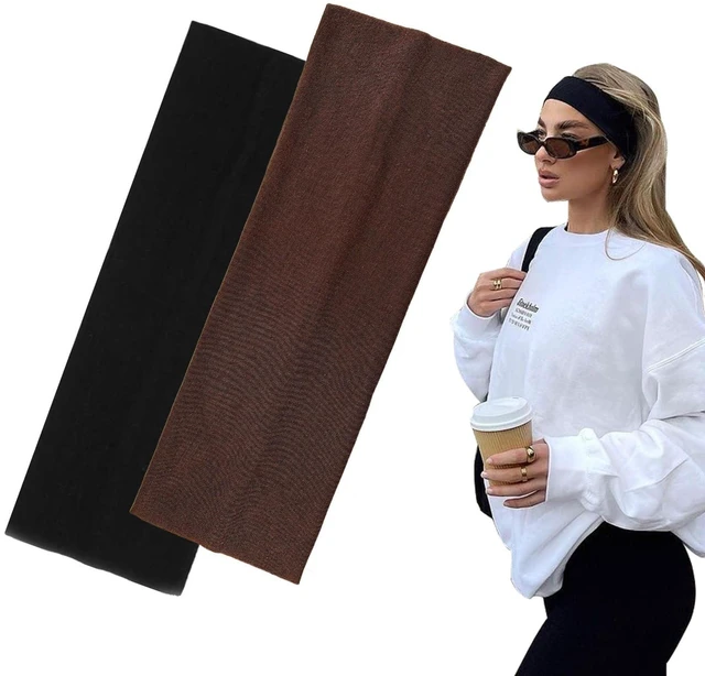 Main image of 7cm Wide Black Headbands for Women Men, 2pack Fashion Head Bands for Women's Hair, Soft Fabric Stretchy Hair Bands for Makeup, Yoga, Running (Black/Brown, 2.7 X 8.6 inches)