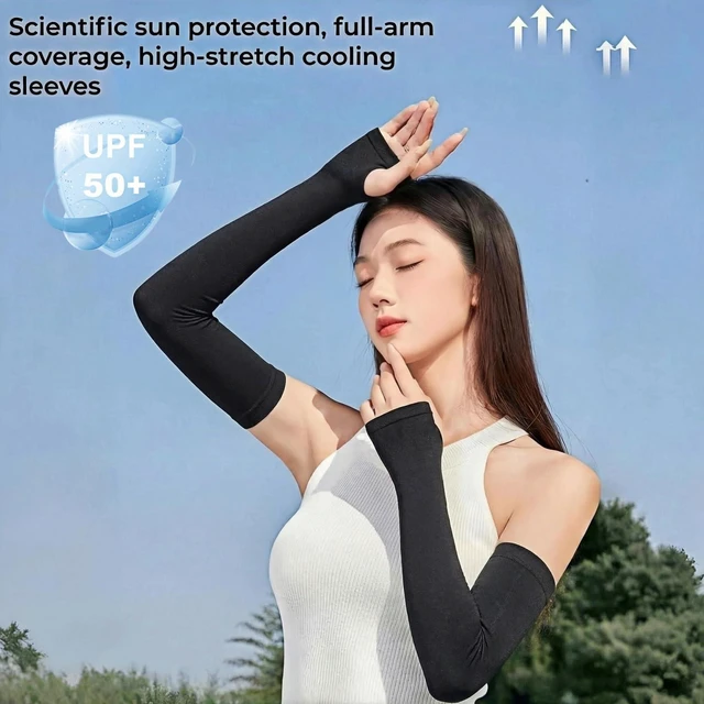 Alt view image 3 of 7 - SUXEOTS Cooling Arm Sleeves with Thumb Hole for Men Women, Sun Protection Compression Sports Sleeves for Football Gardening (1 Pair, Black)