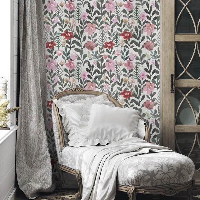Alt view image 2 of 6 - Abyssaly Boho Vintage Floral Peel and Stick Wallpaper, Removable Waterproof Vinyl Contact Paper for Bathroom Nursery, Beige/Pink/Red Wall Decor, 17.3in x 118in (14.1 sq.ft)