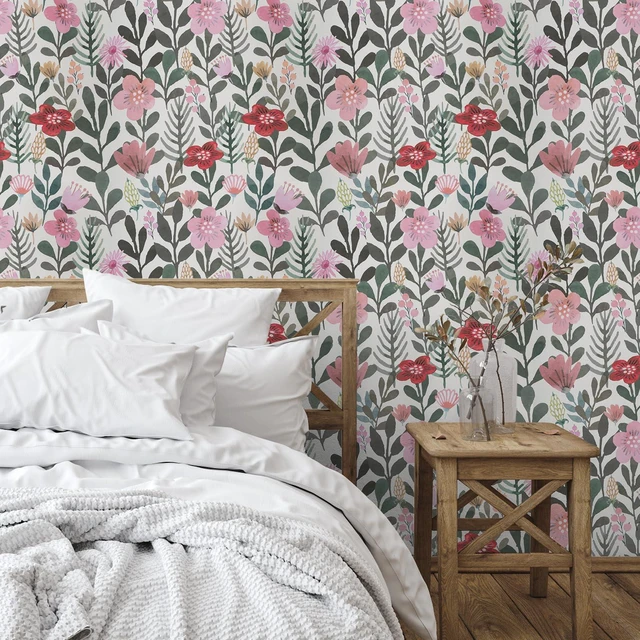 Alt view image 5 of 6 - Abyssaly Boho Vintage Floral Peel and Stick Wallpaper, Removable Waterproof Vinyl Contact Paper for Bathroom Nursery, Beige/Pink/Red Wall Decor, 17.3in x 118in (14.1 sq.ft)