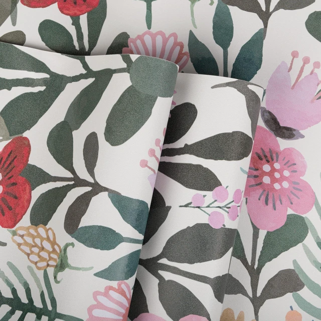 Alt view image 4 of 6 - Abyssaly Boho Vintage Floral Peel and Stick Wallpaper, Removable Waterproof Vinyl Contact Paper for Bathroom Nursery, Beige/Pink/Red Wall Decor, 17.3in x 118in (14.1 sq.ft)