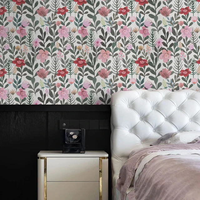Alt view image 6 of 6 - Abyssaly Boho Vintage Floral Peel and Stick Wallpaper, Removable Waterproof Vinyl Contact Paper for Bathroom Nursery, Beige/Pink/Red Wall Decor, 17.3in x 118in (14.1 sq.ft)
