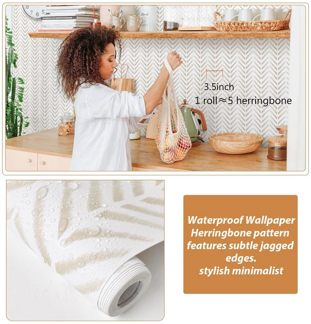 Alt view image 2 of 7 - Lativo Herringbone Peel and Stick Wallpaper Boho Neutral 78.7in17.3in | Chevron Modern Wallpaper,Vinyl Self Adhesive Wallpaper for Bedroom Bathroom Wall Decor Kitchen Farmhouse, Easy Removal/Match