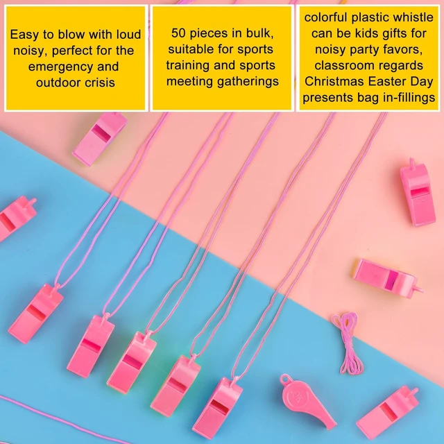 Alt view image 2 of 6 - Zuazaor 5 Pcs Loud Plastic Emergency Whistle with Lanyard for Outdoor Activities, Coach Trainning Whistles Party Whistles for School Sports and Kids Parties Gift Boxes Fillers (Pink)
